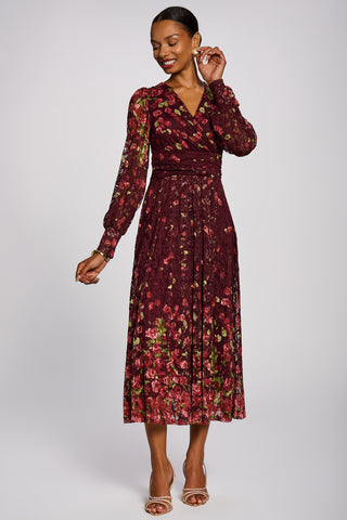 Long Sleeve Printed Lace Maxi Dress, Burgundy Multi