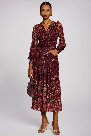 Long Sleeve Printed Lace Maxi Dress, Burgundy Multi