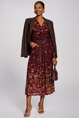 Long Sleeve Printed Lace Maxi Dress, Burgundy Multi