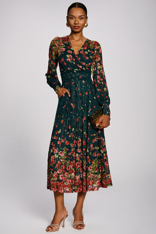 Long Sleeve Printed Lace Maxi Dress, Dark Green Multi