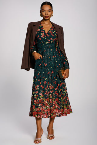 Long Sleeve Printed Lace Maxi Dress, Dark Green Multi