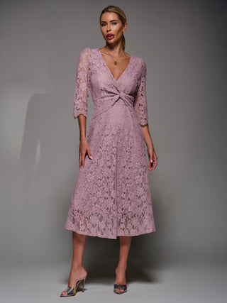Lace Detail Long Sleeve Midi Dress, Mauve Pink