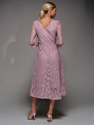 Lace Detail Long Sleeve Midi Dress, Mauve Pink