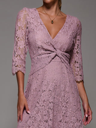 Lace Detail Long Sleeve Midi Dress, Mauve Pink