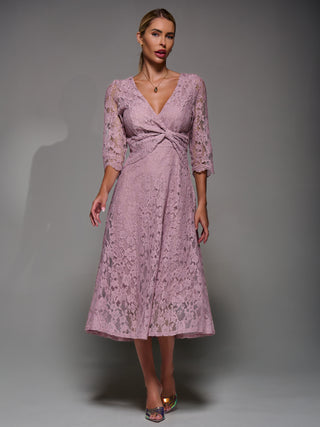 Lace Detail Long Sleeve Midi Dress, Mauve Pink