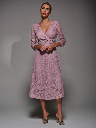 Lace Detail Long Sleeve Midi Dress, Mauve Pink