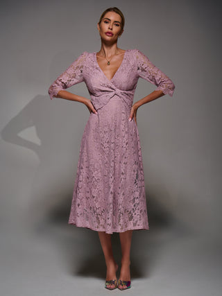 Lace Detail Long Sleeve Midi Dress, Mauve Pink