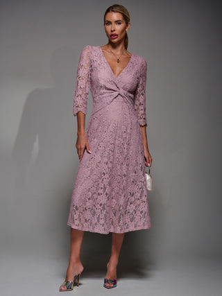 Lace Detail Long Sleeve Midi Dress, Mauve Pink
