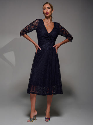 Lace Detail Long Sleeve Midi Dress, Navy
