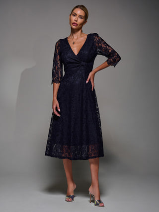 Lace Detail Long Sleeve Midi Dress, Navy