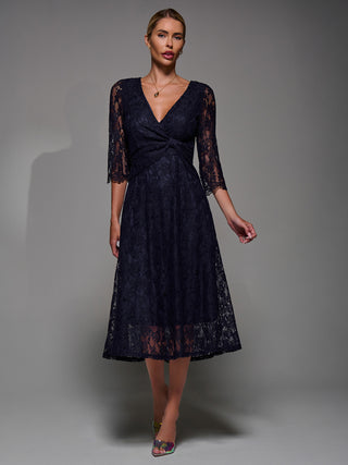 Lace Detail Long Sleeve Midi Dress, Navy