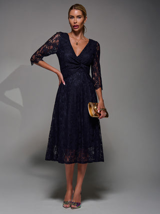 Lace Detail Long Sleeve Midi Dress, Navy
