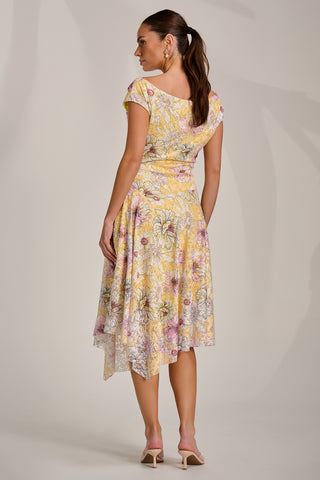 Asymmetric Printed Lace Draped Dress, Yellow Floral Jolie Moi Retail Asymmetric Printed Lace Draped Dress, Yellow Floral Jolie Moi Retail