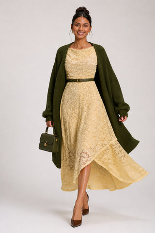 Lace Sequin Embellished Midi Dress, Butter Yellow