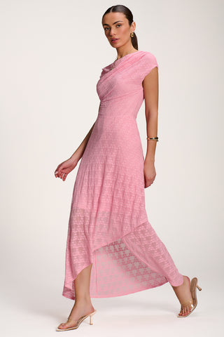 Asymmetric Draped Lace Maxi Dress, Candy Pink
