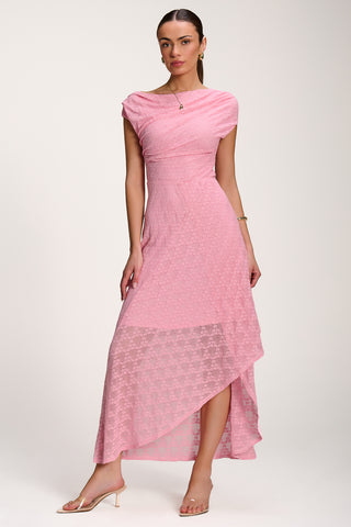 Asymmetric Draped Lace Maxi Dress, Candy Pink