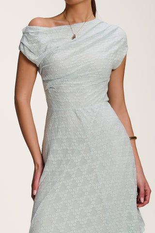Asymmetric Draped Lace Maxi Dress, Light Blue