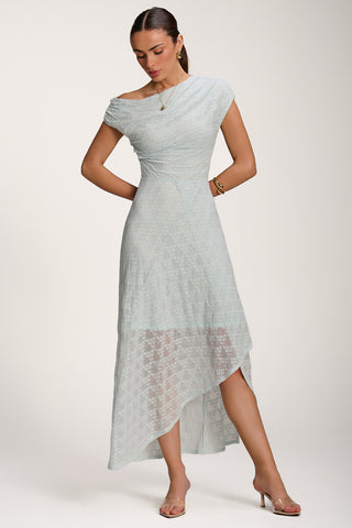 Asymmetric Draped Lace Maxi Dress, Light Blue
