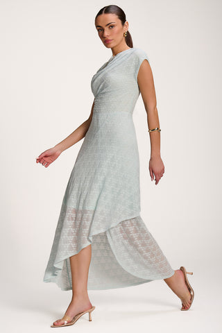 Asymmetric Draped Lace Maxi Dress, Light Blue