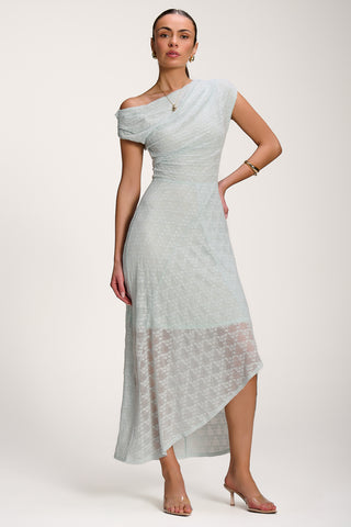 Asymmetric Draped Lace Maxi Dress, Light Blue