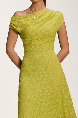 Asymmetric Draped Lace Maxi Dress, Lime Green