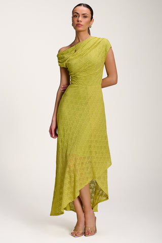 Asymmetric Draped Lace Maxi Dress, Lime Green
