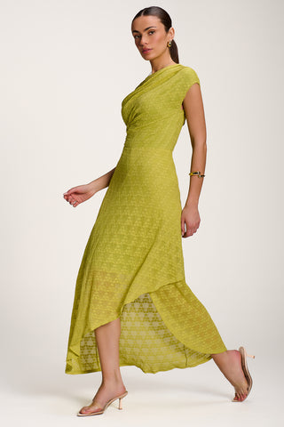 Asymmetric Draped Lace Maxi Dress, Lime Green