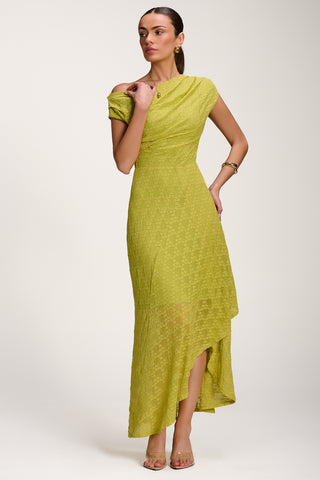 Asymmetric Draped Lace Maxi Dress, Lime Green