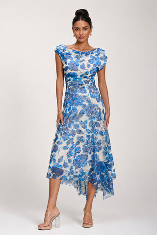 Asymmetric Draped Print Lace Maxi Dress, Blue Floral