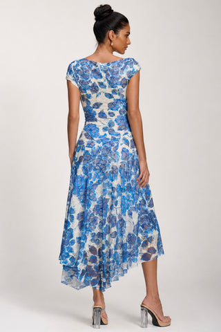 Asymmetric Draped Print Lace Maxi Dress, Blue Floral