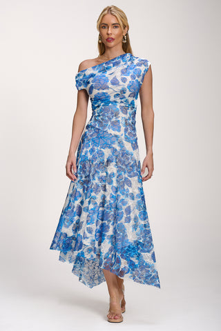 Asymmetric Draped Print Lace Maxi Dress, Blue Floral