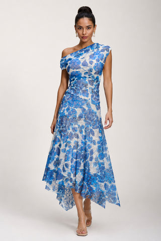 Asymmetric Draped Print Lace Maxi Dress, Blue Floral