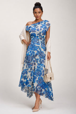 Asymmetric Draped Print Lace Maxi Dress, Blue Floral