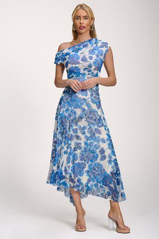 Asymmetric Draped Print Lace Maxi Dress, Blue Floral