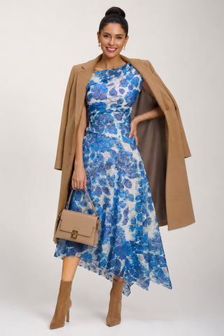 Asymmetric Draped Print Lace Maxi Dress, Blue Floral
