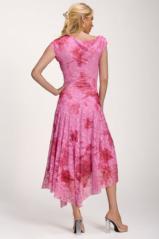 Asymmetric Draped Print Lace Maxi Dress, Pink Floral