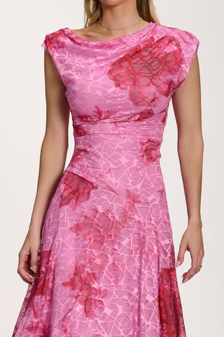 Asymmetric Draped Print Lace Maxi Dress, Pink Floral