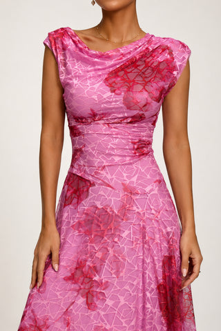 Asymmetric Draped Print Lace Maxi Dress, Pink Floral