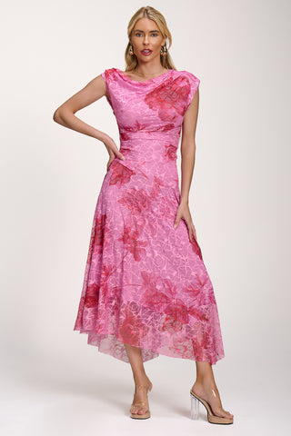 Asymmetric Draped Print Lace Maxi Dress, Pink Floral