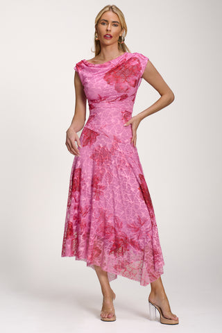 Asymmetric Draped Print Lace Maxi Dress, Pink Floral
