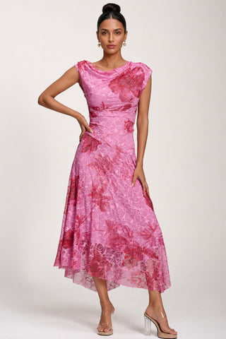 Asymmetric Draped Print Lace Maxi Dress, Pink Floral