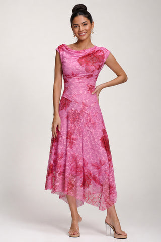 Asymmetric Draped Print Lace Maxi Dress, Pink Floral