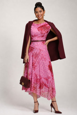 Asymmetric Draped Print Lace Maxi Dress, Pink Floral