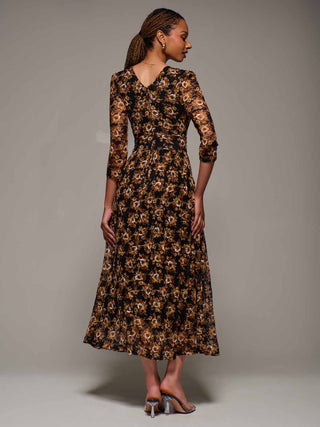 Three Quarter Sleeve Printed Lace Maxi, Black Floral