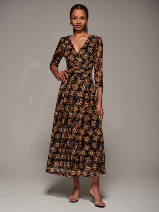 Three Quarter Sleeve Printed Lace Maxi, Black Floral