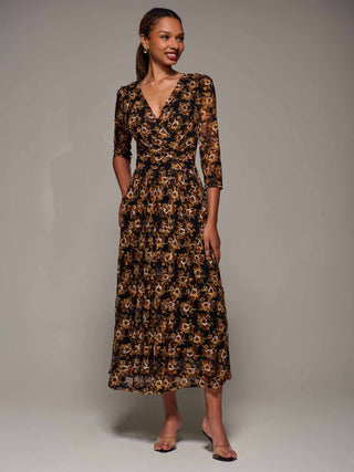 Three Quarter Sleeve Printed Lace Maxi, Black Floral