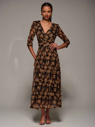 Three Quarter Sleeve Printed Lace Maxi, Black Floral
