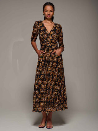 Three Quarter Sleeve Printed Lace Maxi, Black Floral