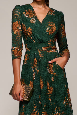 Three Quarter Sleeve Printed Lace Maxi Dress, Green Floral