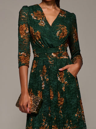 Three Quarter Sleeve Printed Lace Maxi Dress, Green Floral